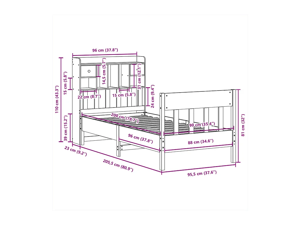 Letto per adulti | Letto singolo | Giroletto senza Materasso 90x200 cm in Legno Massello di Pino