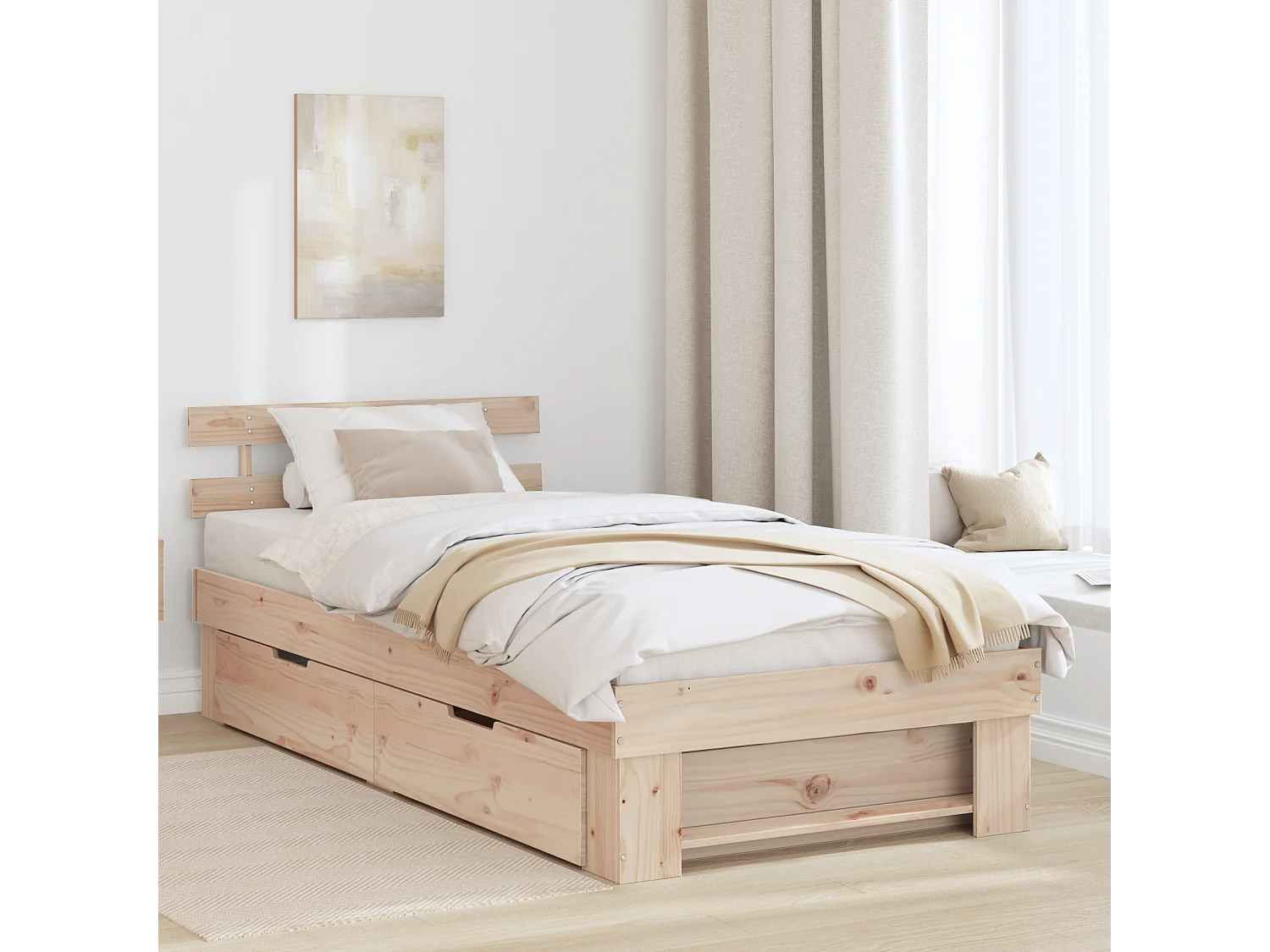 Lit simple | Lit adulte, enfant | Cadre de lit avec tiroir Marron 80x200 cm Bois massif en pin