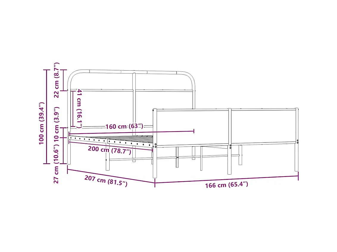 Letto per adulti | Letto matrimoniale | Giroletto senza Materaso in Metallo Rovere Sonoma 160x200 cm