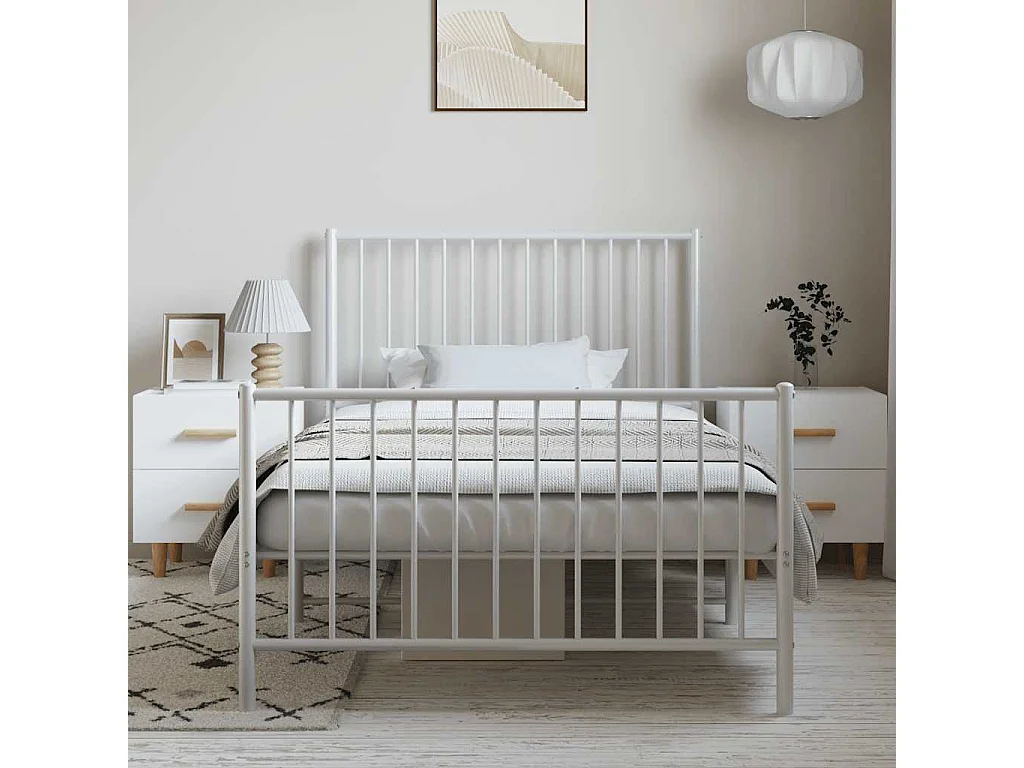 Lit simple | Lit adulte, enfant | Cadre de lit métal et pied de lit blanc 100x200 cm