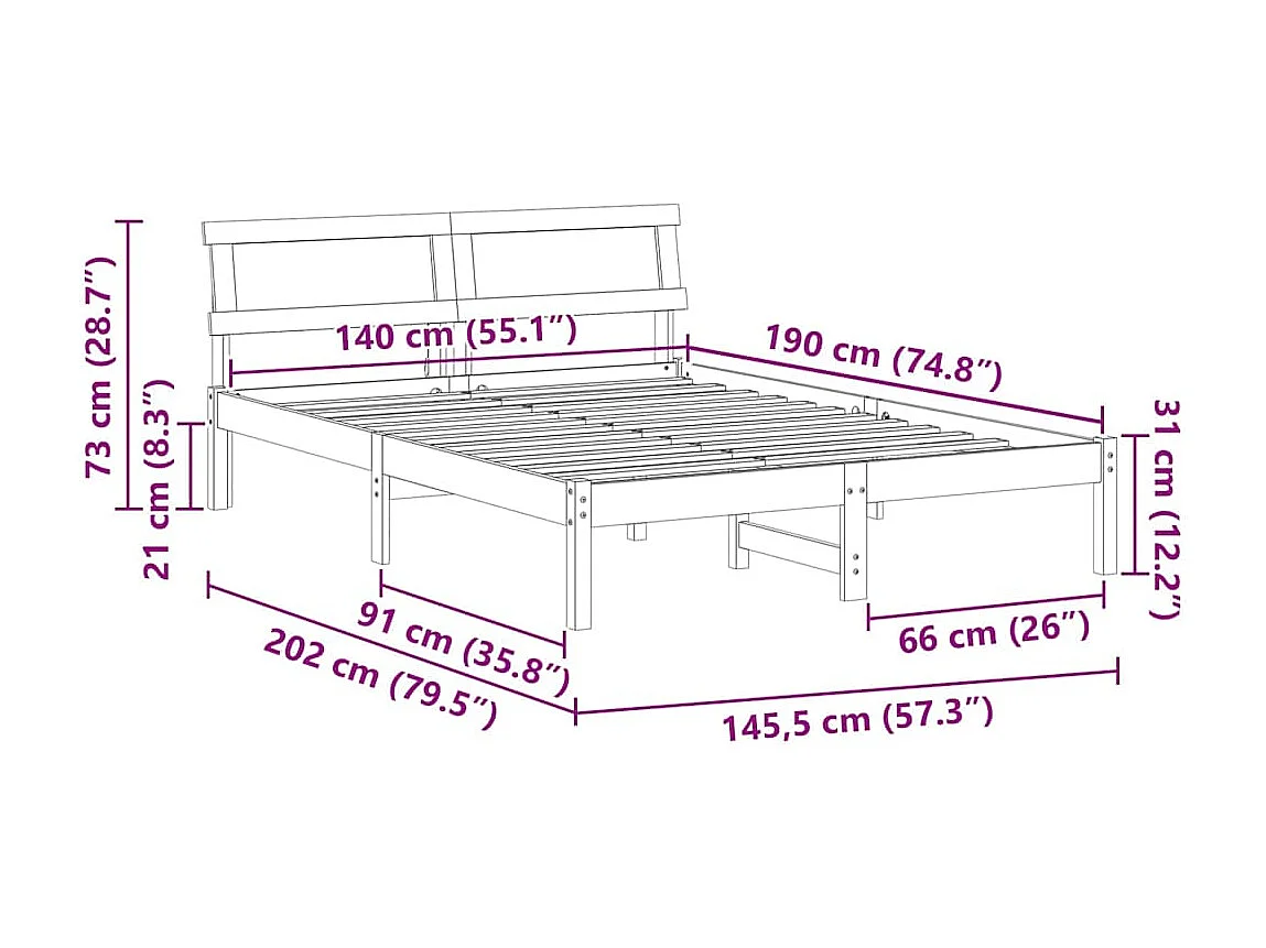 Lit double | Lit adulte | Cadre de lit Blanc 140x190 cm Bois massif en pin