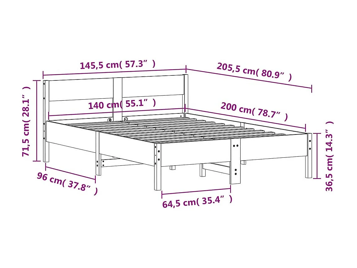 Lit double | Lit adulte | Cadre de lit 140x200 cm bois massif de pin