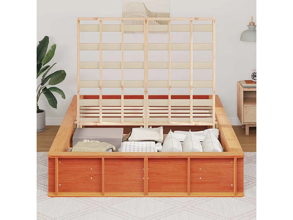 Lit simple | Lit adulte, enfant | Cadre de lit avec stockage Marron cire 120x190 cm bois