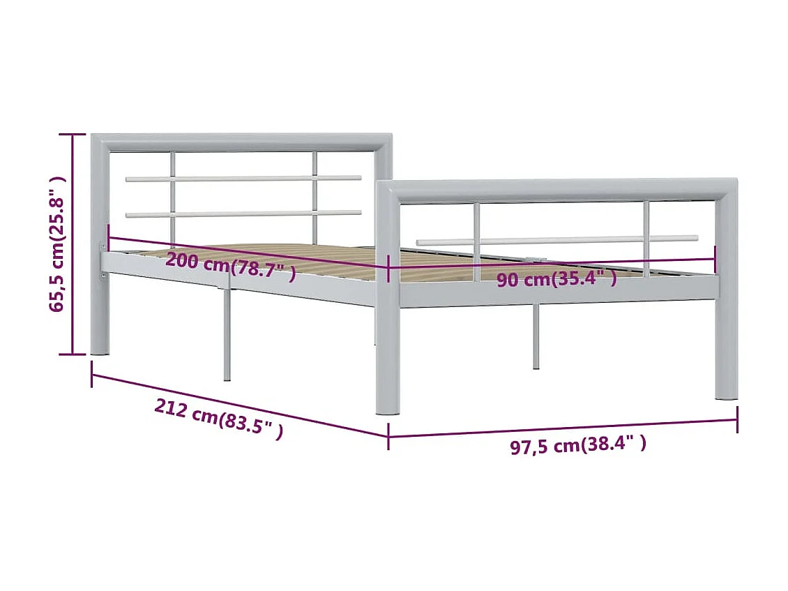Lit simple | Lit adulte, enfant | Cadre de lit gris et blanc métal 90x200 cm