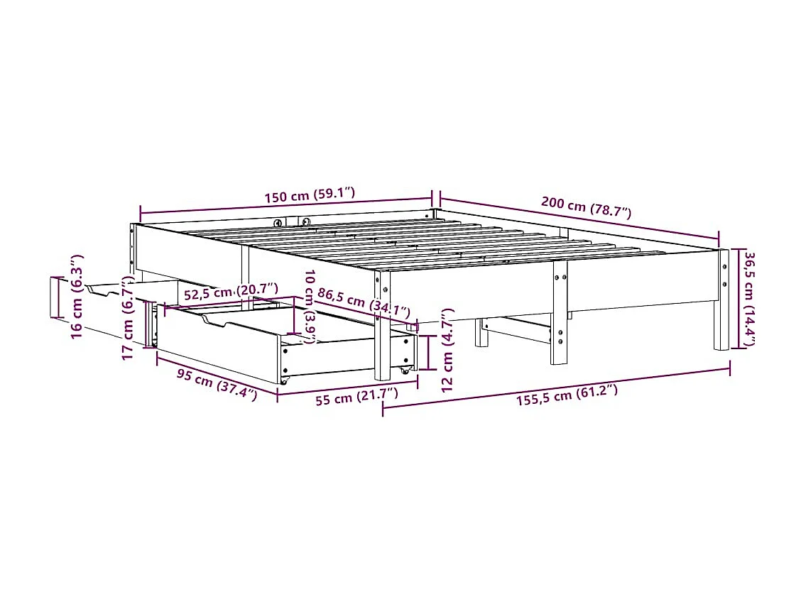 Lit double | Lit adulte | Cadre de lit 150x200 cm bois de pin massif