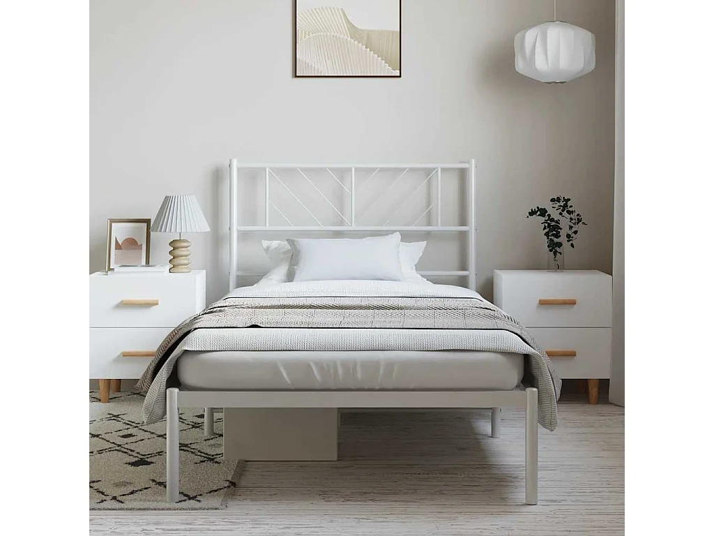 Lit simple | Lit adulte, enfant | Cadre de lit métal et tête de lit blanc 100x200 cm