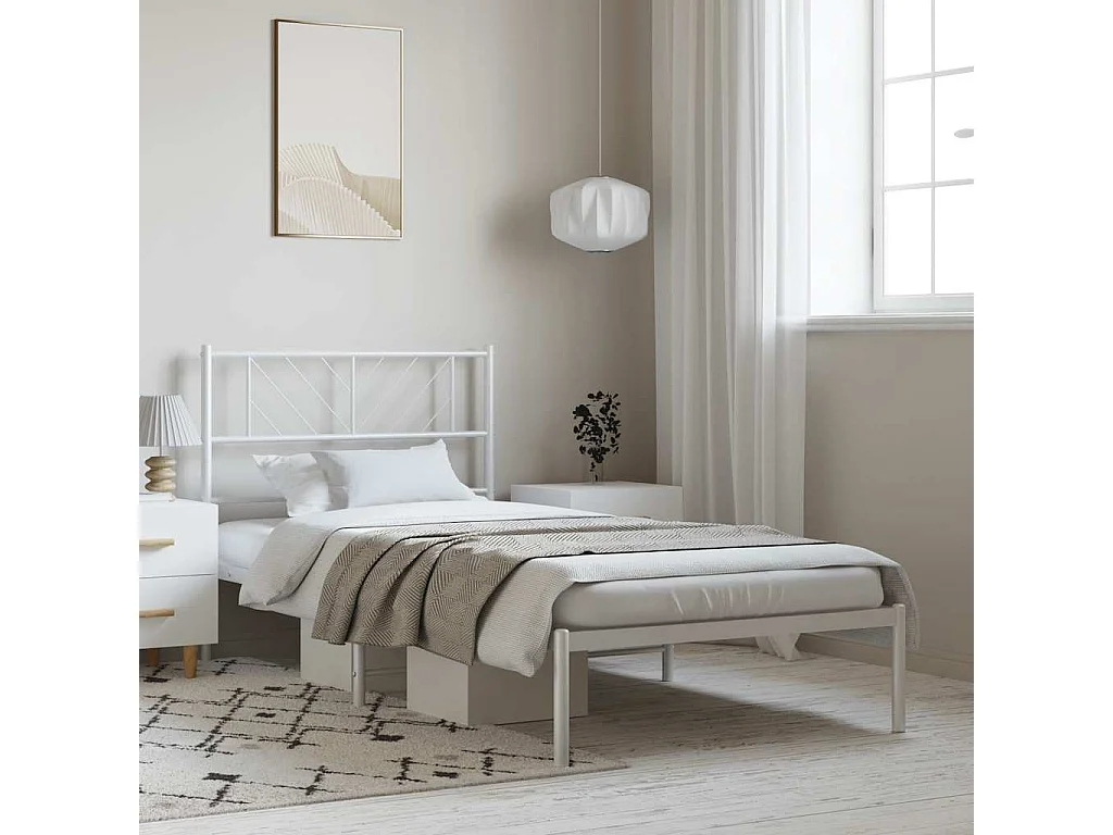 Lit simple | Lit adulte, enfant | Cadre de lit métal et tête de lit blanc 100x200 cm