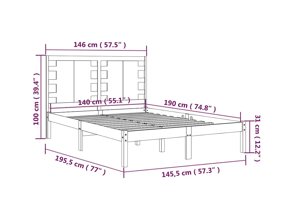 Lit double | Lit adulte | Cadre de lit noir 140x190 cm bois de pin massif