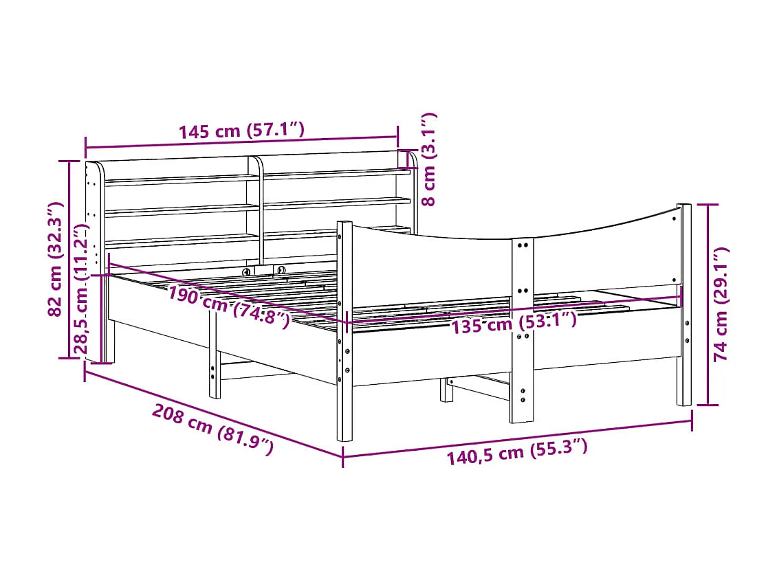 Letto per adulti | Letto matrimoniale | Giroletto con Testiera Bianco 135x190 cm Legno Massello di Pino