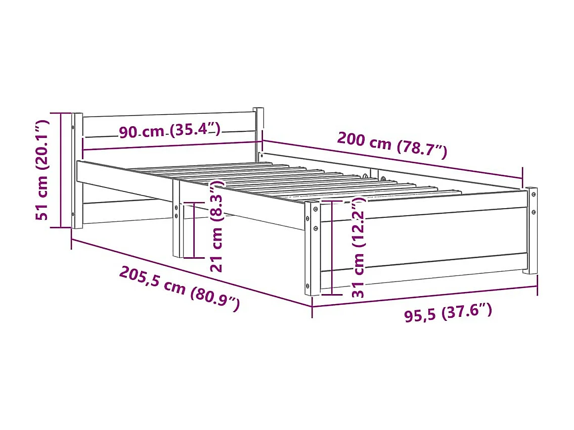 Lit simple | Lit adulte, enfant | Cadre de lit bois massif 90x200 cm