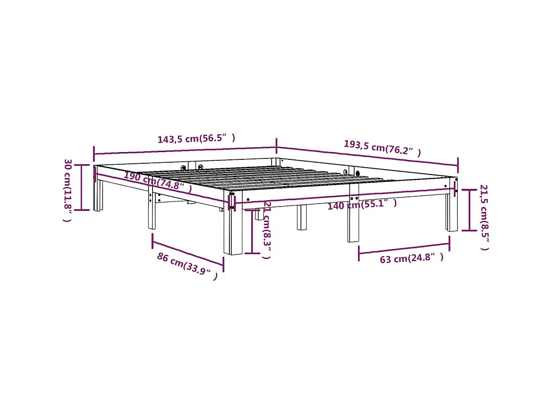 Lit double | Lit adulte | Cadre de lit blanc bois de pin massif 140x190 cm