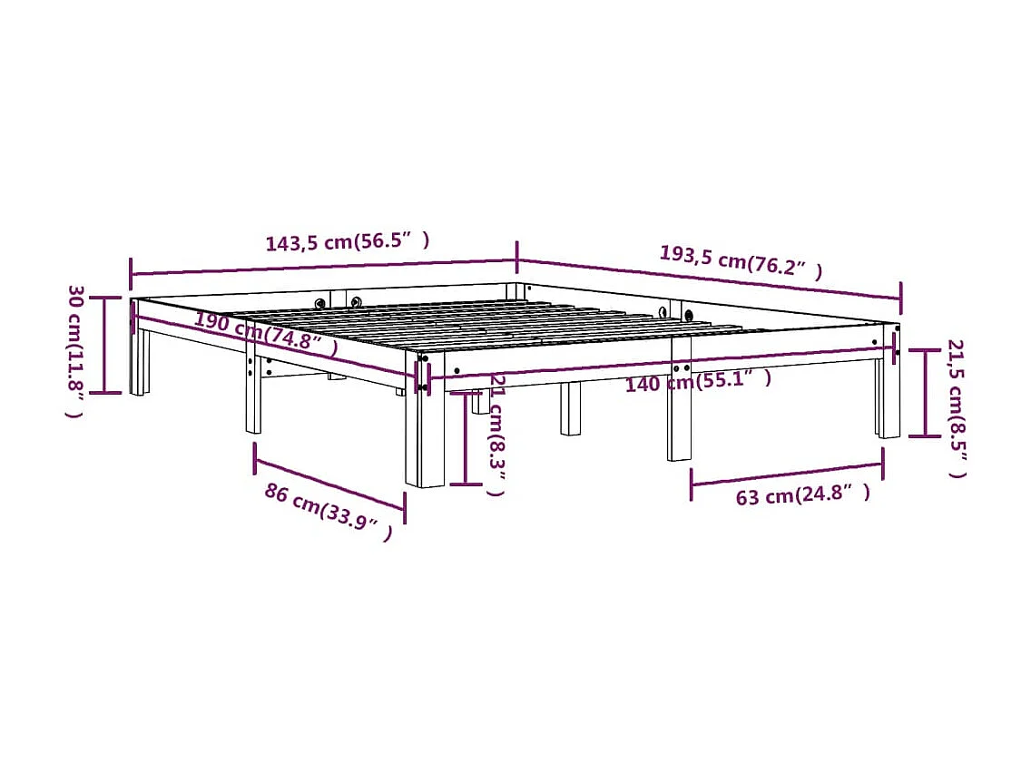 Lit double | Lit adulte | Cadre de lit blanc bois de pin massif 140x190 cm