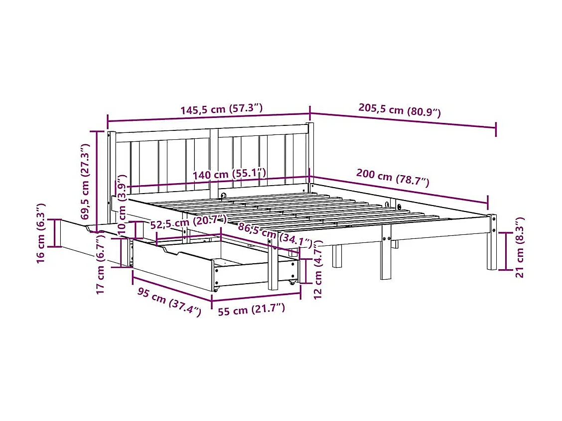 Lit double | Lit adulte | Cadre de lit 140x200 cm bois massif de pin