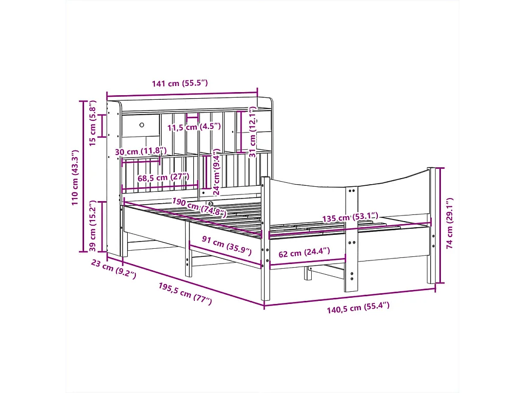 Lit double | Lit adulte | Cadre de lit cire marron 135x190cm bois pin massif