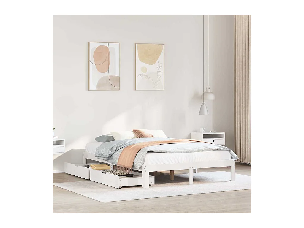 Letto per adulti | Letto matrimoniale | Giroletto con Cassetti Bianco 150x200 cm Legno Massello di Pino