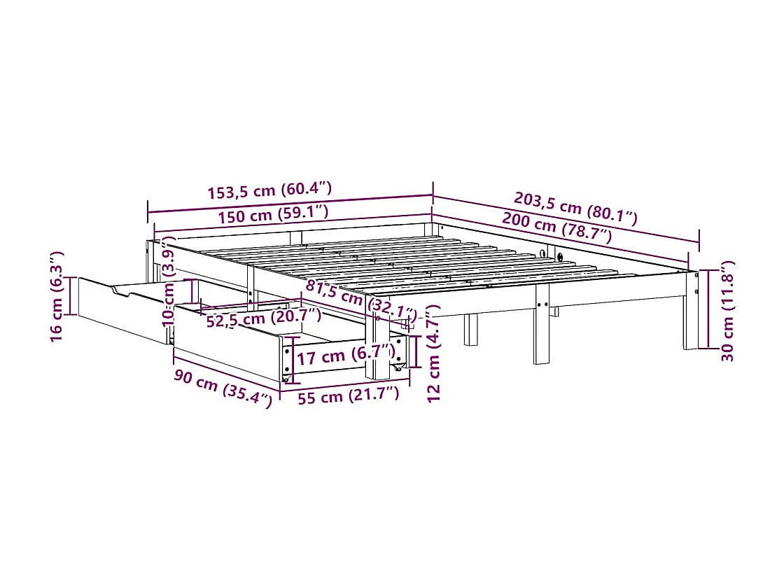Lit double | Lit adulte | Cadre de lit avec tiroirs blanc 150x200 cm