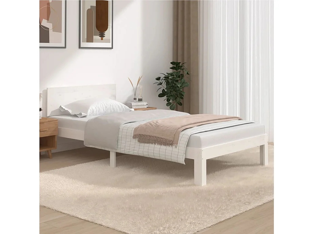 Lit simple | Lit adulte, enfant | Cadre de lit blanc bois de pin massif 100x200 cm