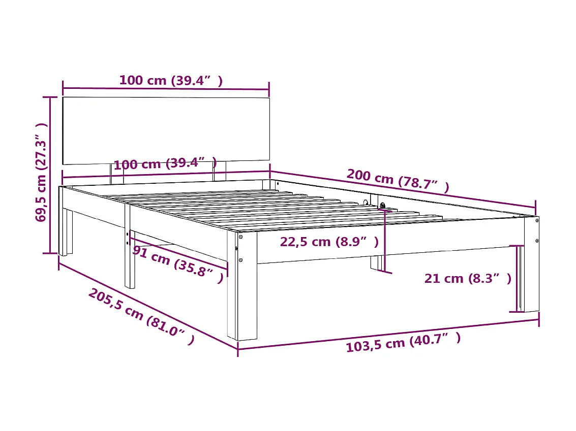 Lit simple | Lit adulte, enfant | Cadre de lit blanc bois de pin massif 100x200 cm