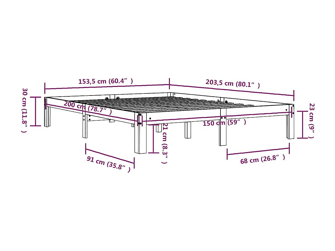 Lit double | Lit adulte | Cadre de lit blanc bois massif 150x200 cm