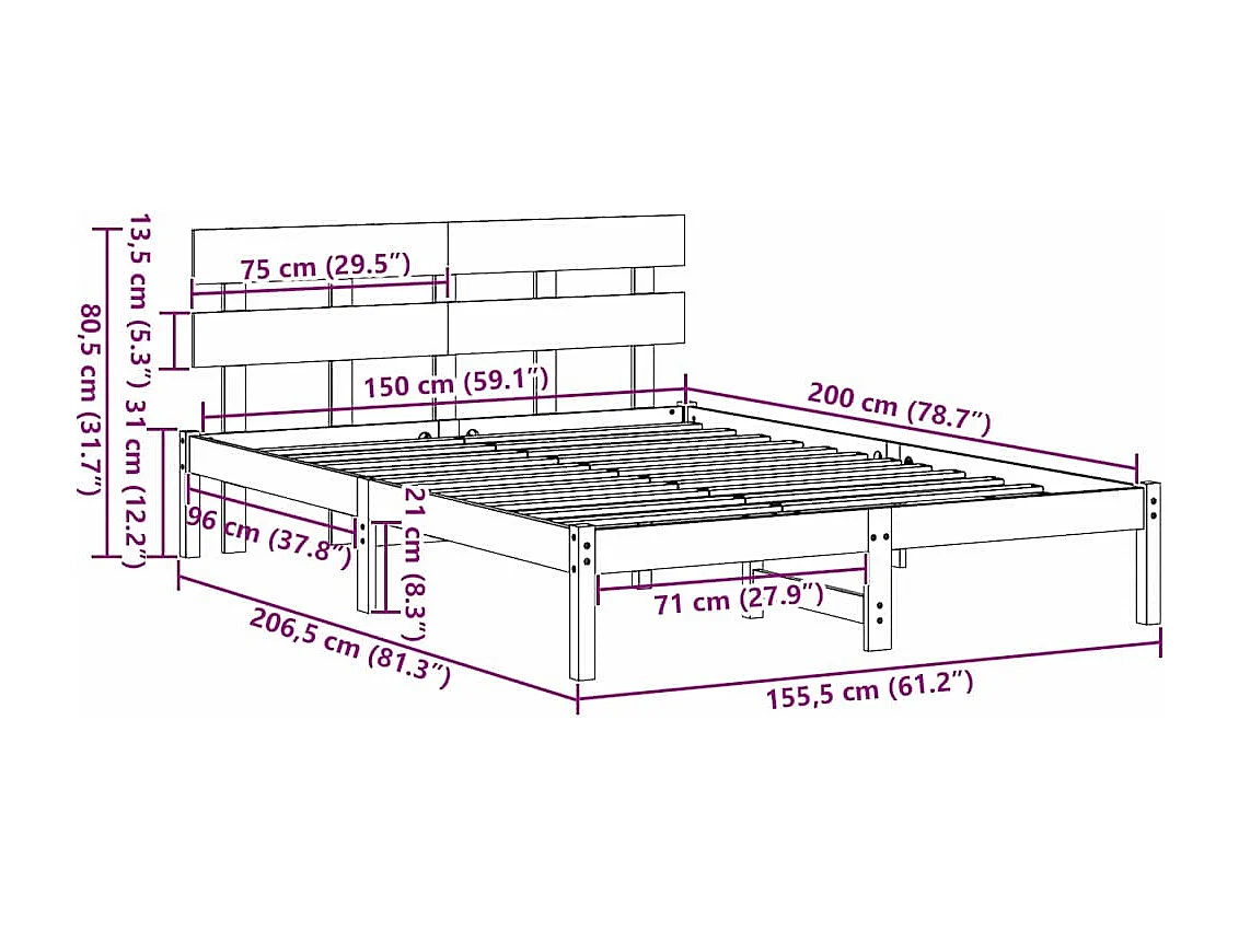 Letto matrimoniale | Giroletto | Struttura del letto Bianco 150x200 cm Legno massello di pino