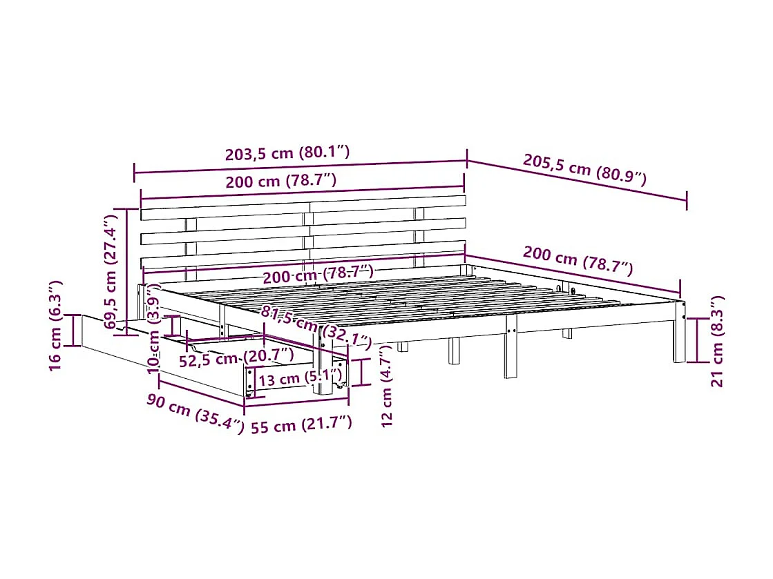 Lit double | Lit adulte | Cadre de lit avec tiroirs 200x200 cm