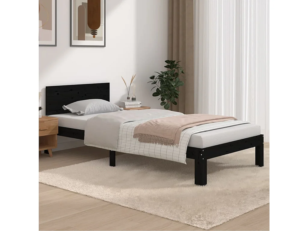 Lit simple | Lit adulte, enfant | Cadre de lit noir bois de pin massif 90x200 cm