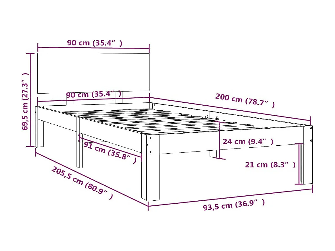 Lit simple | Lit adulte, enfant | Cadre de lit noir bois de pin massif 90x200 cm