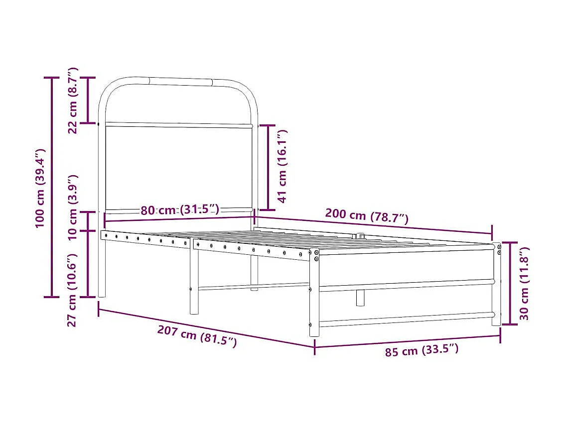 Letto per adulti | Letto singolo | Giroletto senza Materasso Rovere Fumo 80x200 cm in Truciolato