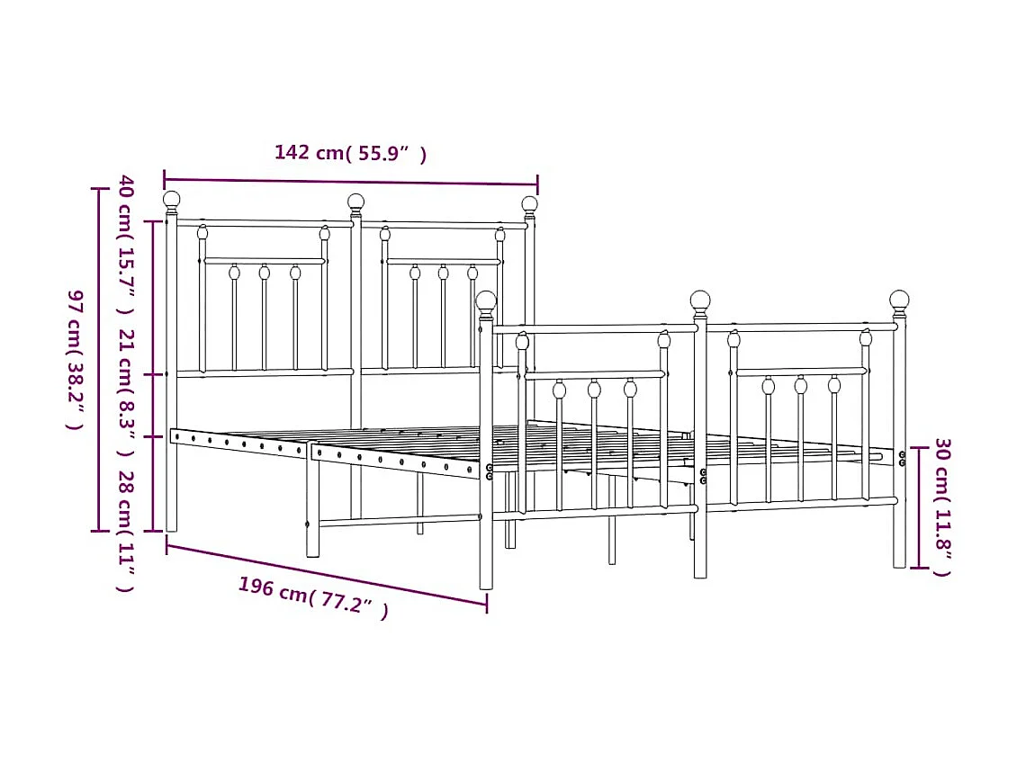 Lit double | Lit adulte | Cadre de lit métal avec pied de lit noir 135x190cm