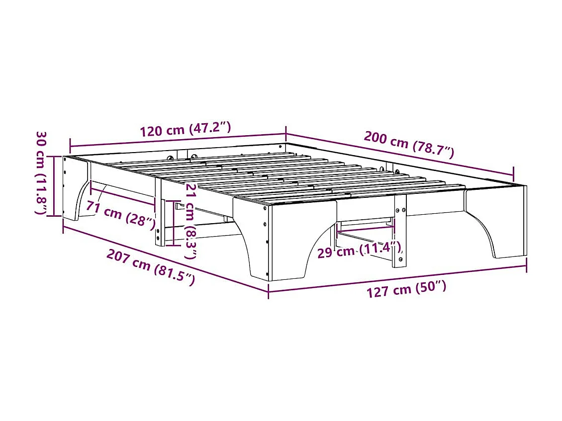 Lit simple | Lit adulte, enfant | Cadre de lit 120x200 cm en bois de pin massif