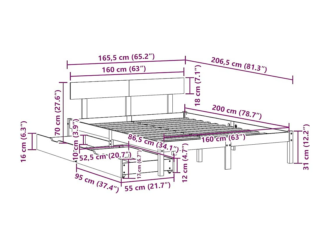 Lit double | Lit adulte | Cadre de lit blanc 160x200 cm bois de pin massif