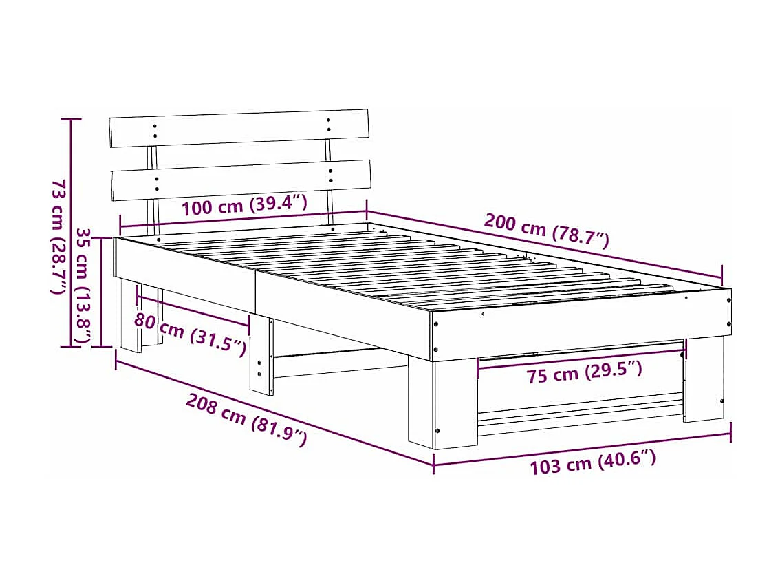 Lit simple | Lit adulte, enfant | Cadre de lit Marron 100x200 cm Bois massif en pin