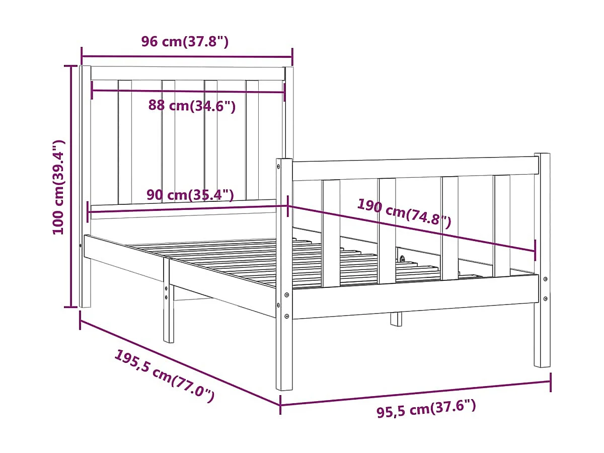 Lit simple | Lit adulte, enfant | Cadre de lit 90x190 cm bois massif