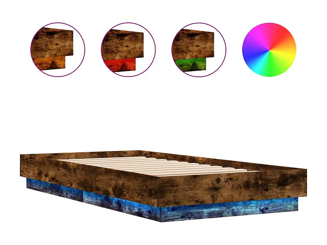 Lit simple | Lit adulte, enfant | Cadre de lit avec lumières LED chêne fumé 90x190cm