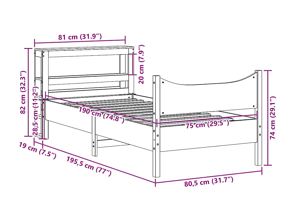 Letto per adulti | Letto singolo | Giroletto con Testiera 75x190 cm in Legno Massello di Pino