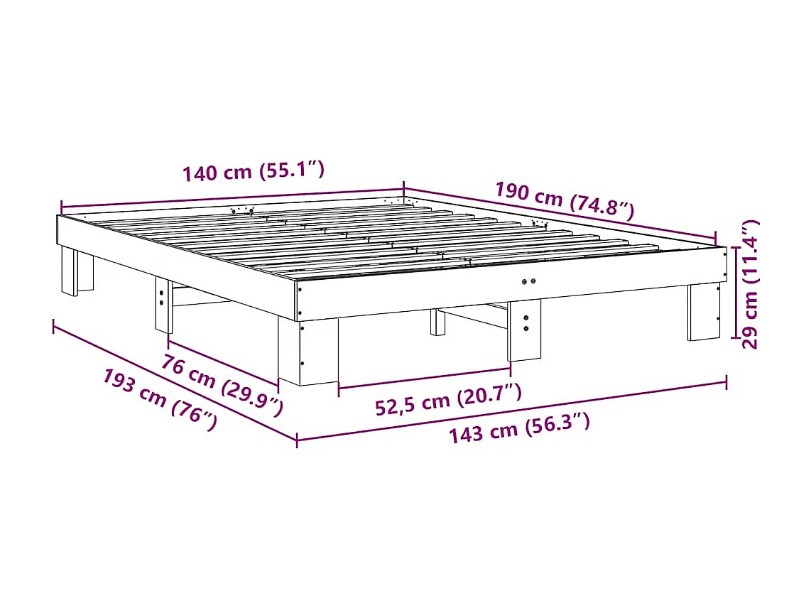 Lit double | Lit adulte | Cadre de lit 140x190 cm bois massif de chêne