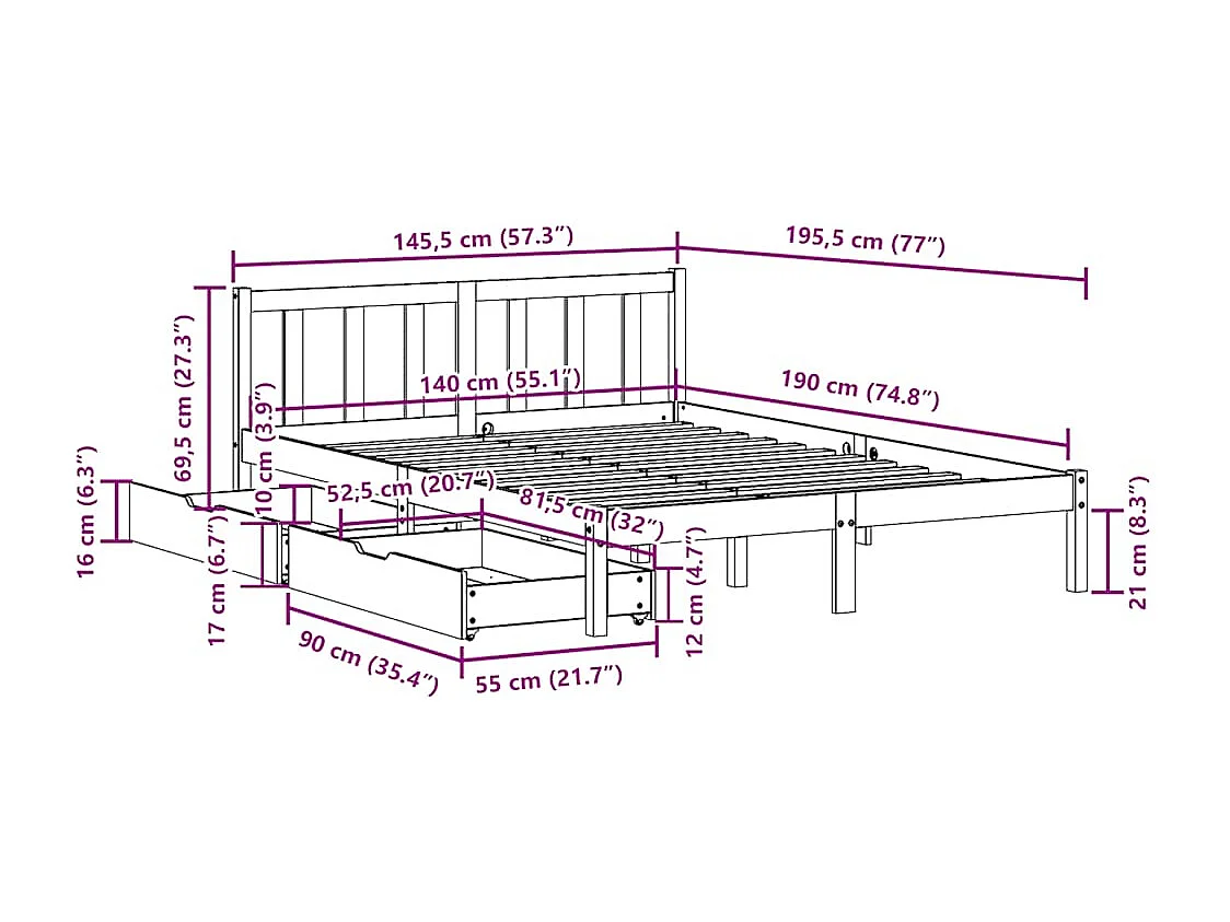 Lit double | Lit adulte | Cadre de lit 140x190 cm bois de pin massif