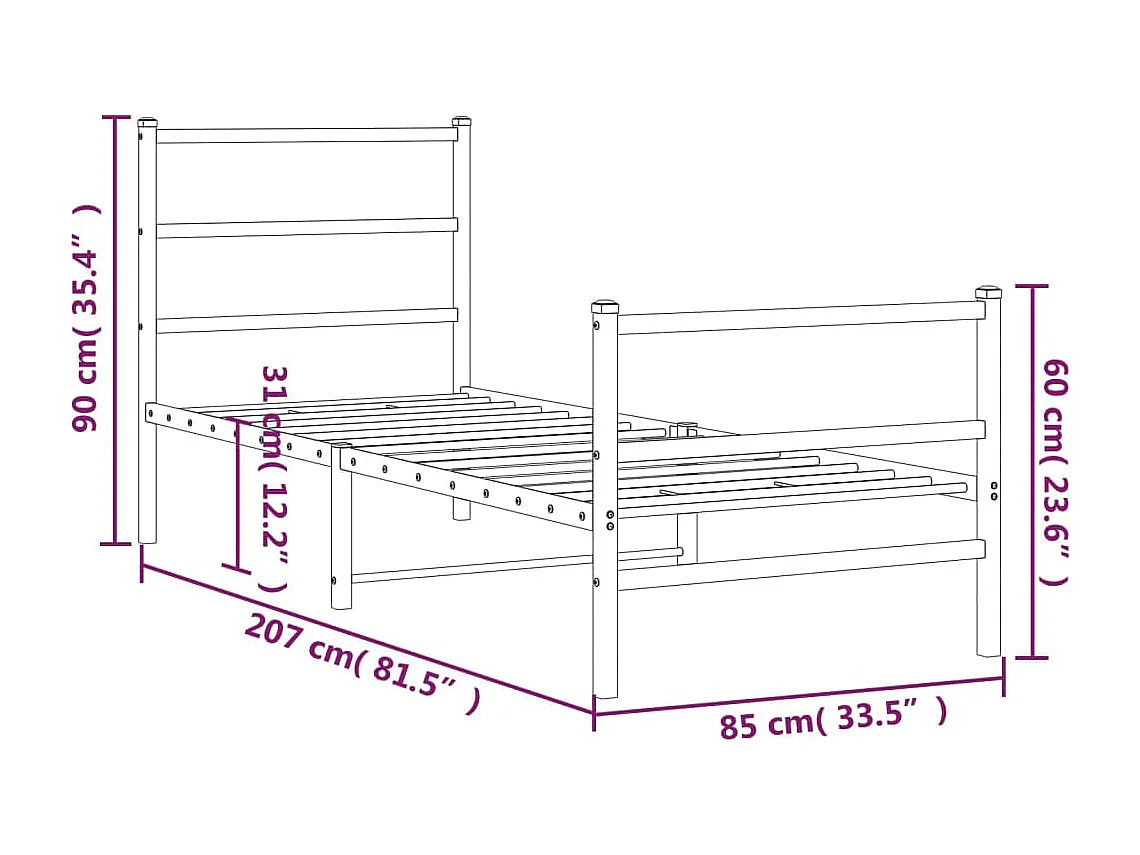 Lit simple | Lit adulte, enfant | Cadre de lit métal avec pied de lit blanc 80x200cm