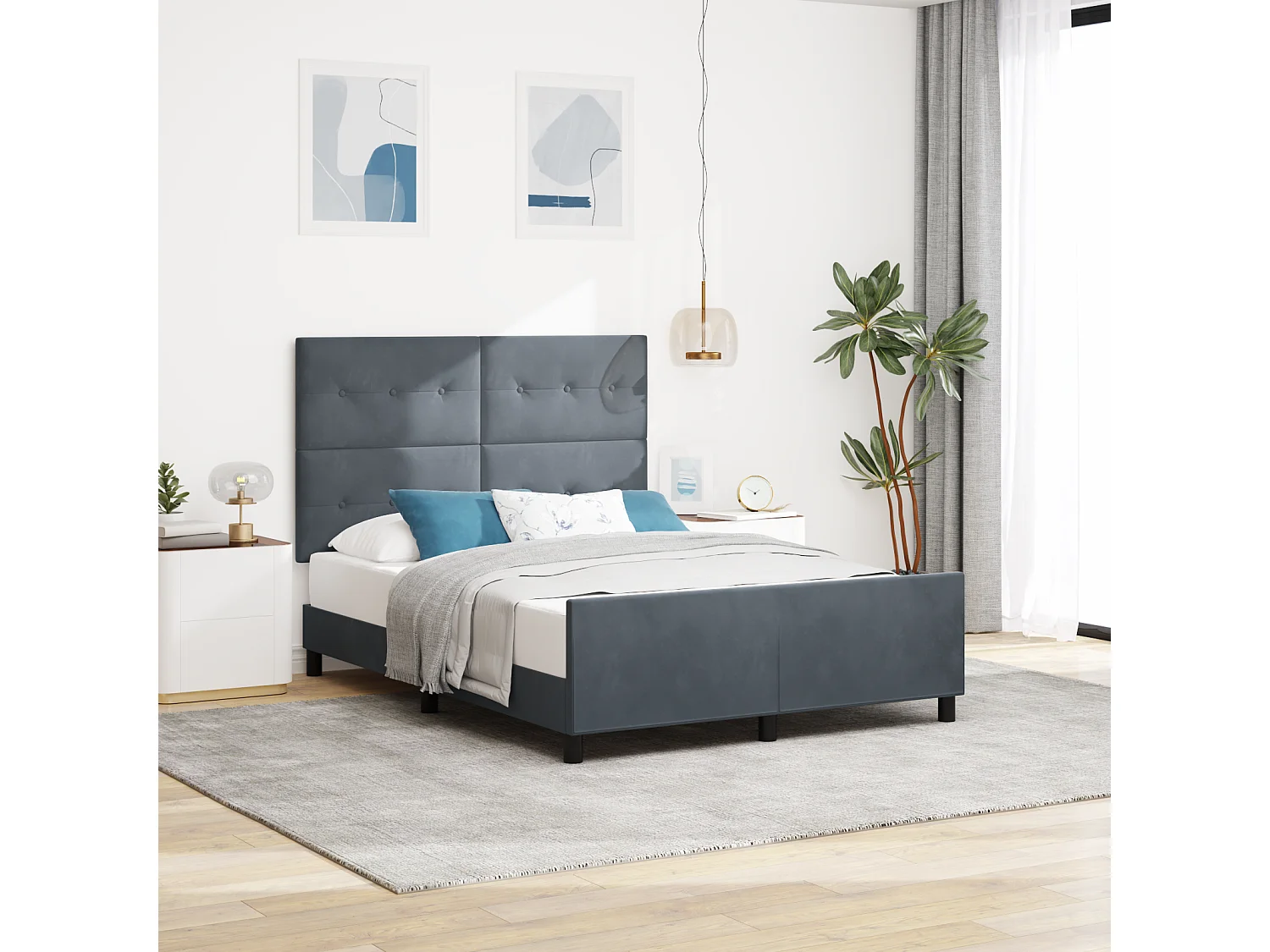 Lit double | Lit adulte | Cadre de lit avec tête de lit Gris foncé 140x190 cm Velours