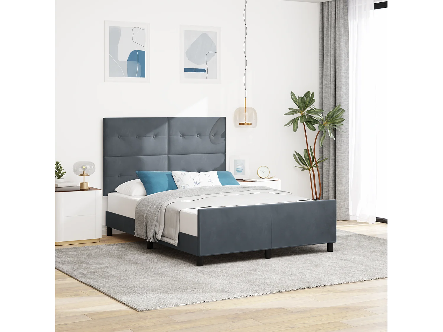 Lit double | Lit adulte | Cadre de lit avec tête de lit Gris foncé 140x190 cm Velours