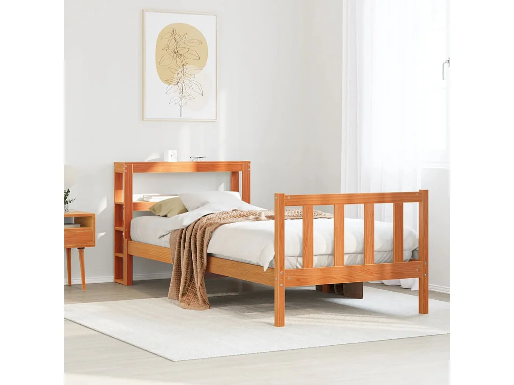 Letto per adulti | Letto singolo | Giroletto con Testiera Marrone Cera 75x190 cm Massello Pino