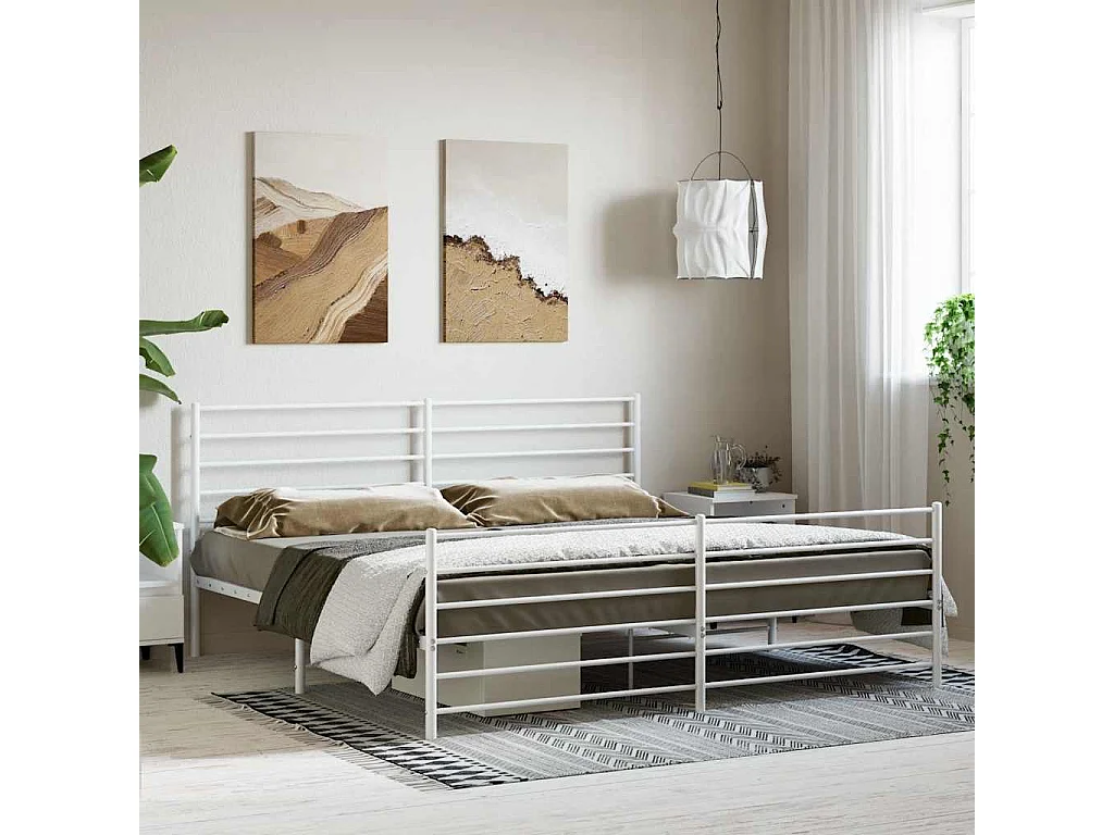 Lit double | Lit adulte | Cadre de lit métal et pied de lit blanc 180x200 cm