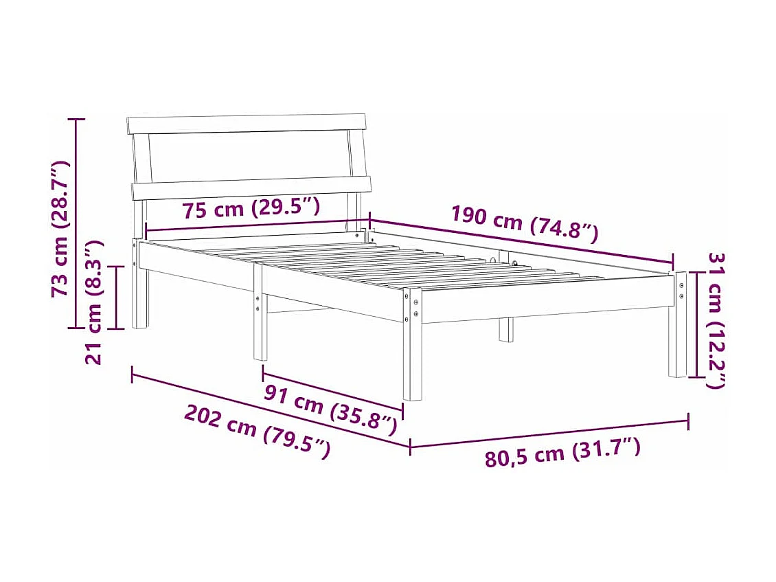 Lit simple | Lit adulte, enfant | Cadre de lit Marron 75x190 cm Bois massif en pin