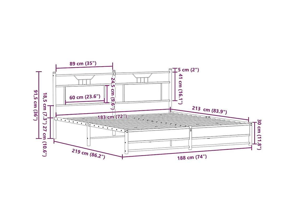 Letto per adulti | Letto matrimoniale | Giroletto senza Materaso in Metallo Rovere Sonoma 183x213 cm