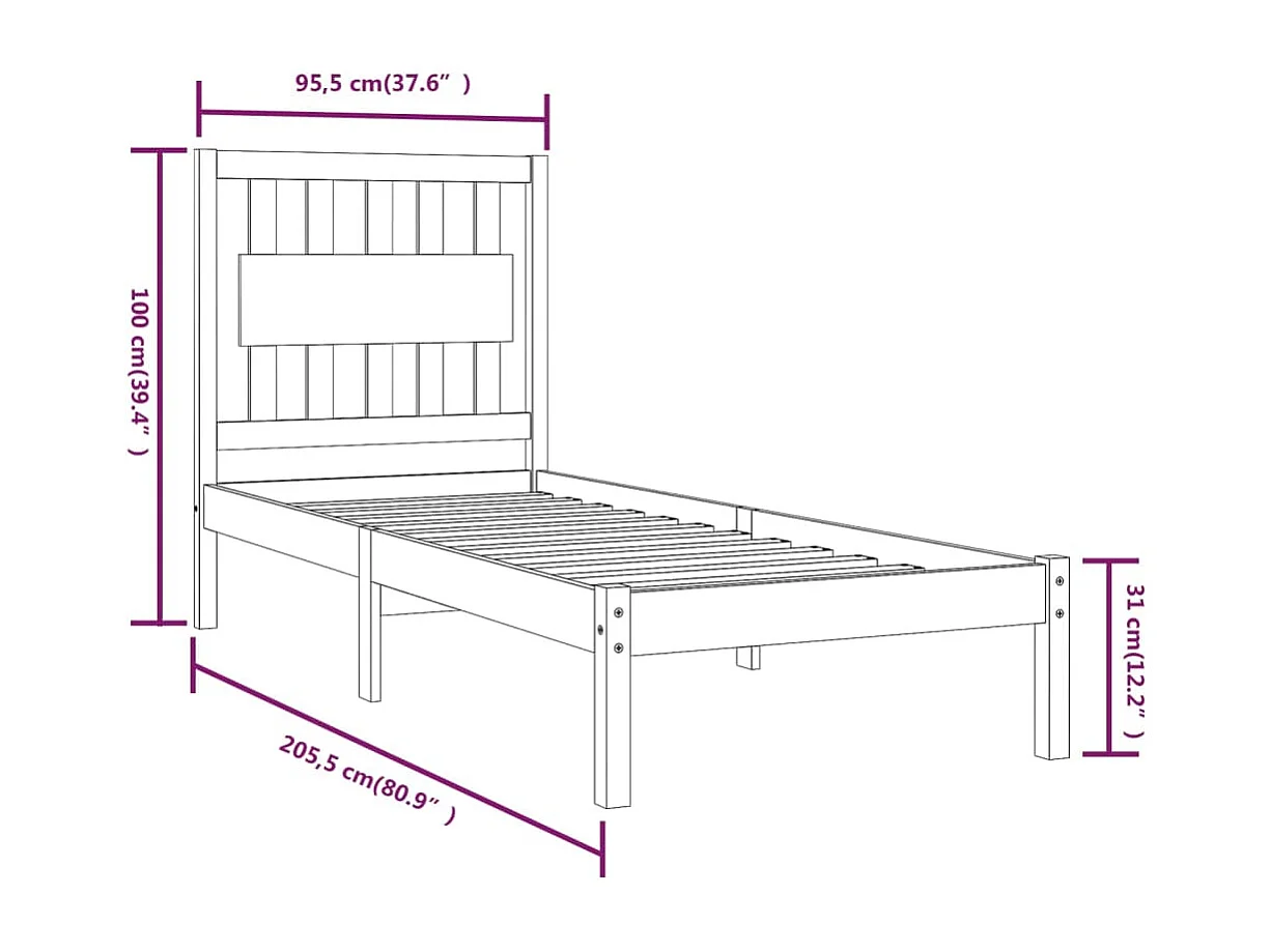 Lit simple | Lit adulte, enfant | Cadre de lit blanc bois massif 90x200 cm
