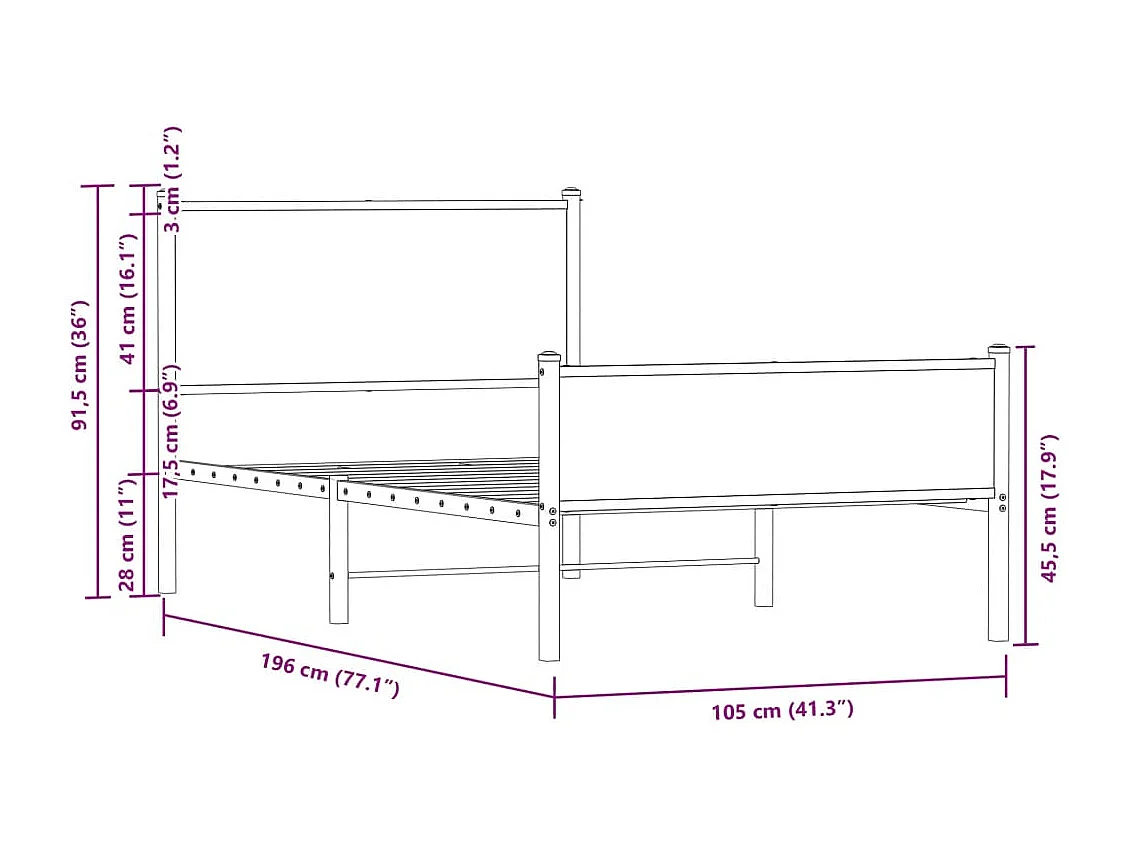 Letto per adulti | Letto singolo | Giroletto senza Materaso in Metallo Rovere Fumo 100x190 cm