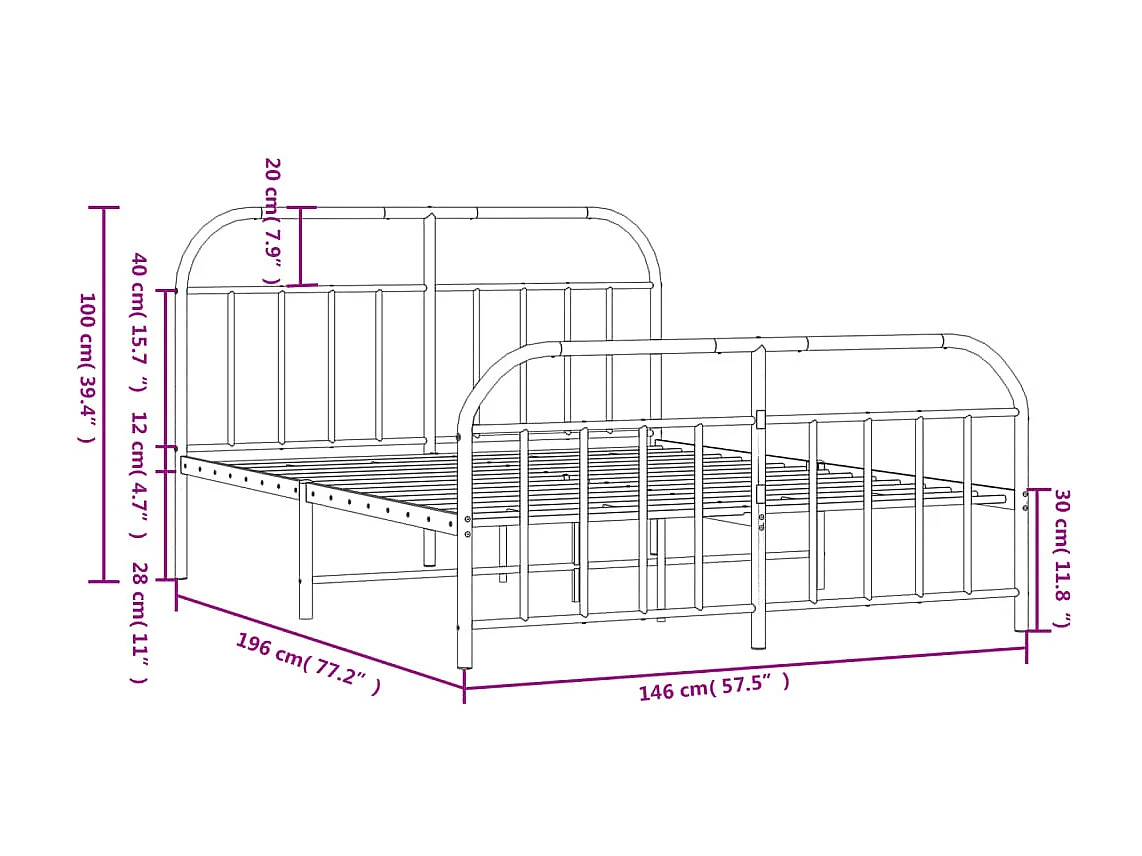 Lit double | Lit adulte | Cadre de lit métal et pied de lit blanc 140x190 cm