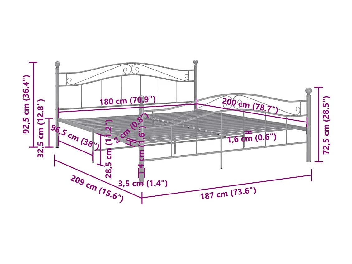 Lit double | Lit adulte | Cadre de lit Gris Métal 180x200 cm