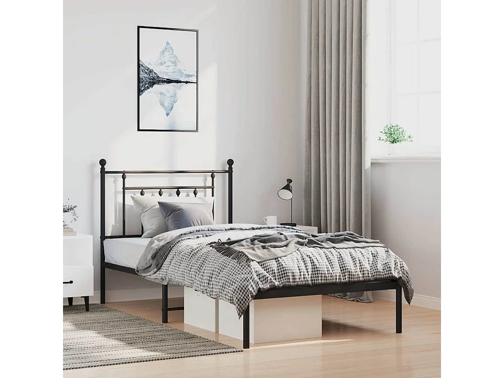 Lit simple | Lit adulte, enfant | Cadre de lit métal avec tête de lit noir 100x190cm