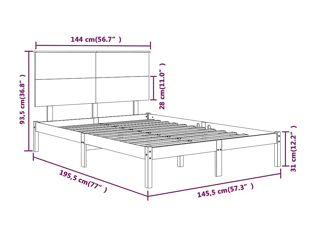 Lit double | Lit adulte | Cadre de lit 140x190 cm bois de pin massif
